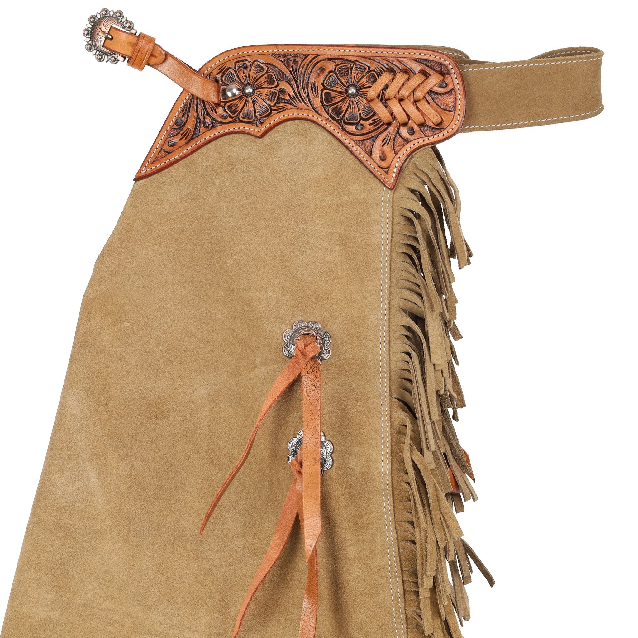 Close-up of Showman Youth Old Timber Chinks leather, fringe, and trim details