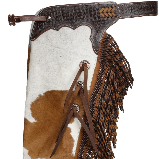 Showman Ranch Hand Chinks detail view with western leather tooling fringe and hardware