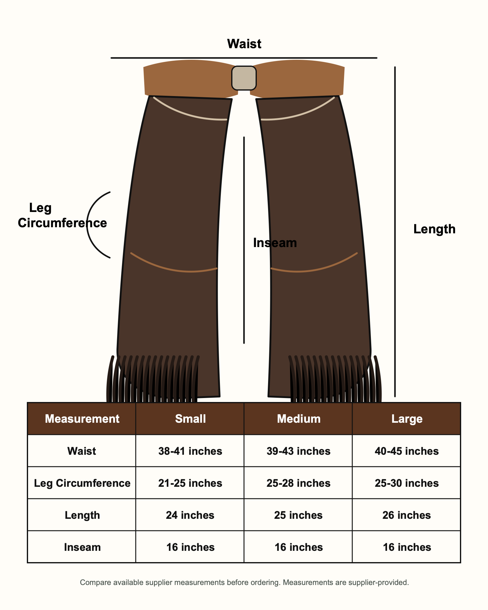 Showman Ranch Hand Chinks size guide with waist leg circumference length and inseam measurements