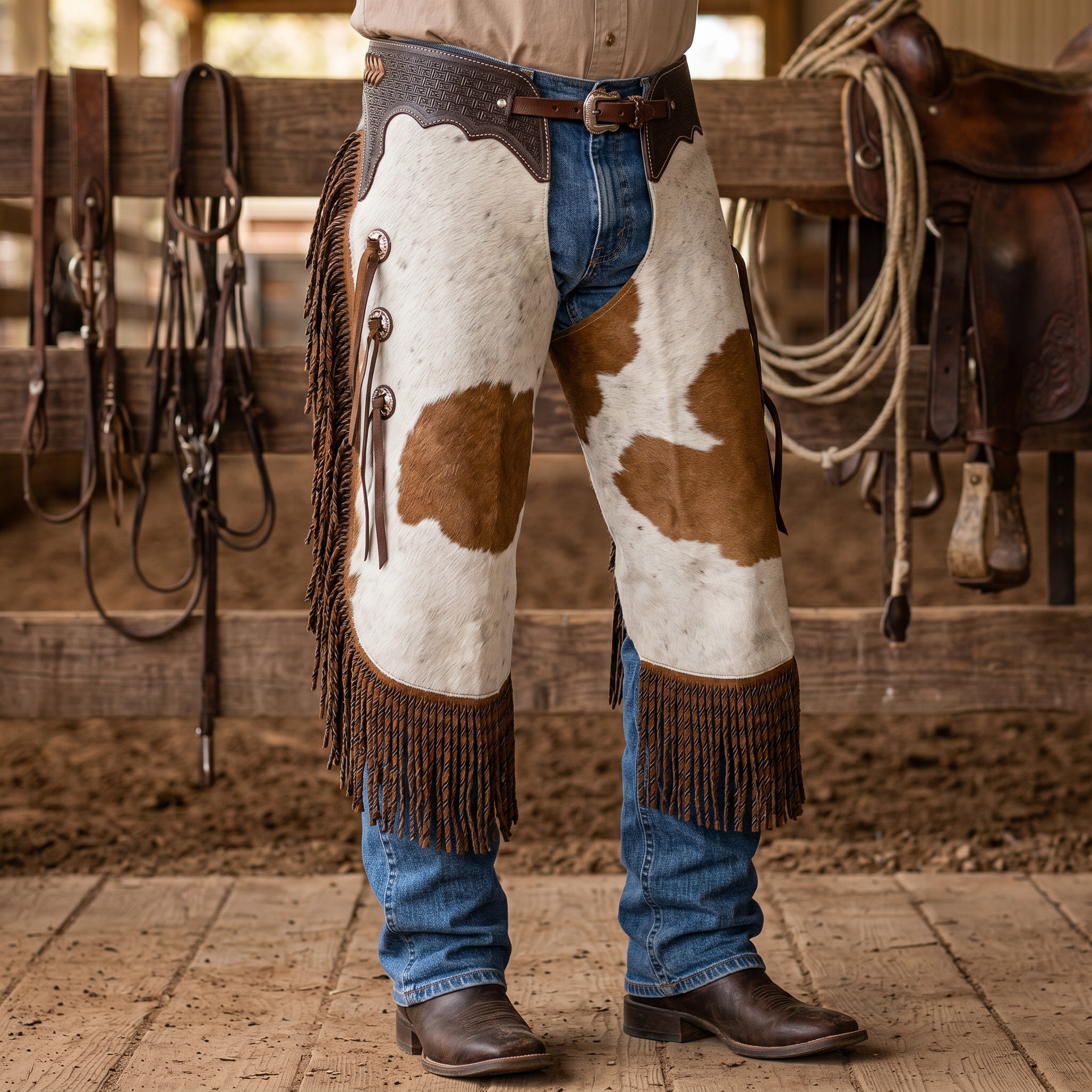 Showman Ranch Hand Chinks lifestyle worn photo for western leather chinks product page