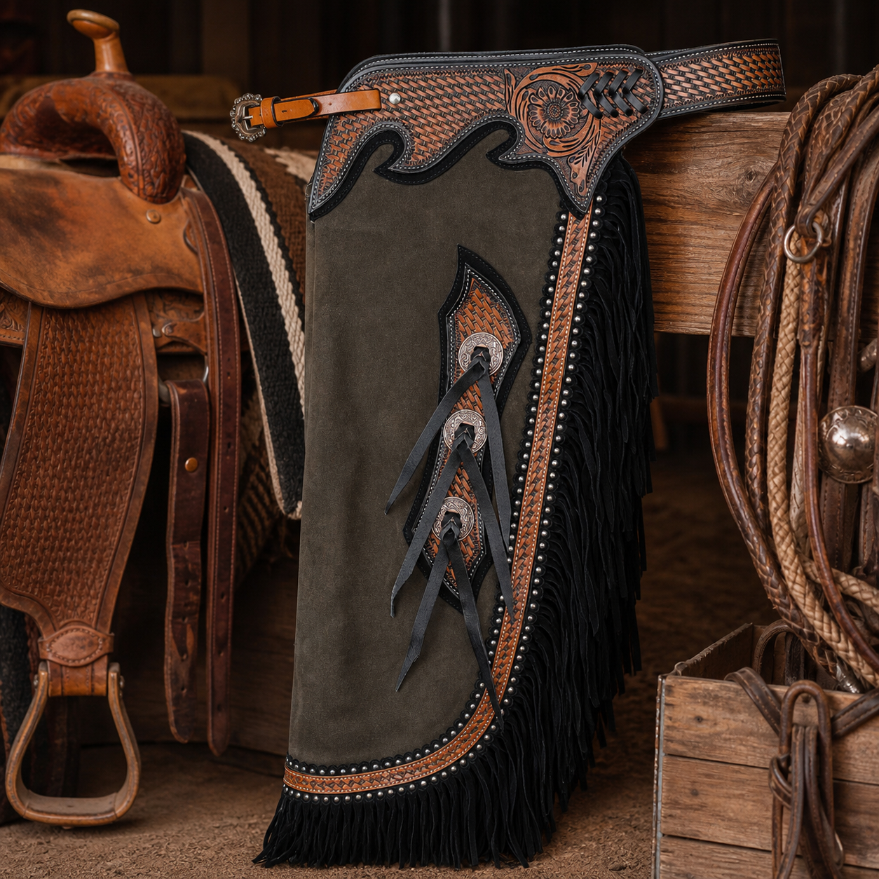 Showman Renegade Chinks western tack room product photo with black fringe