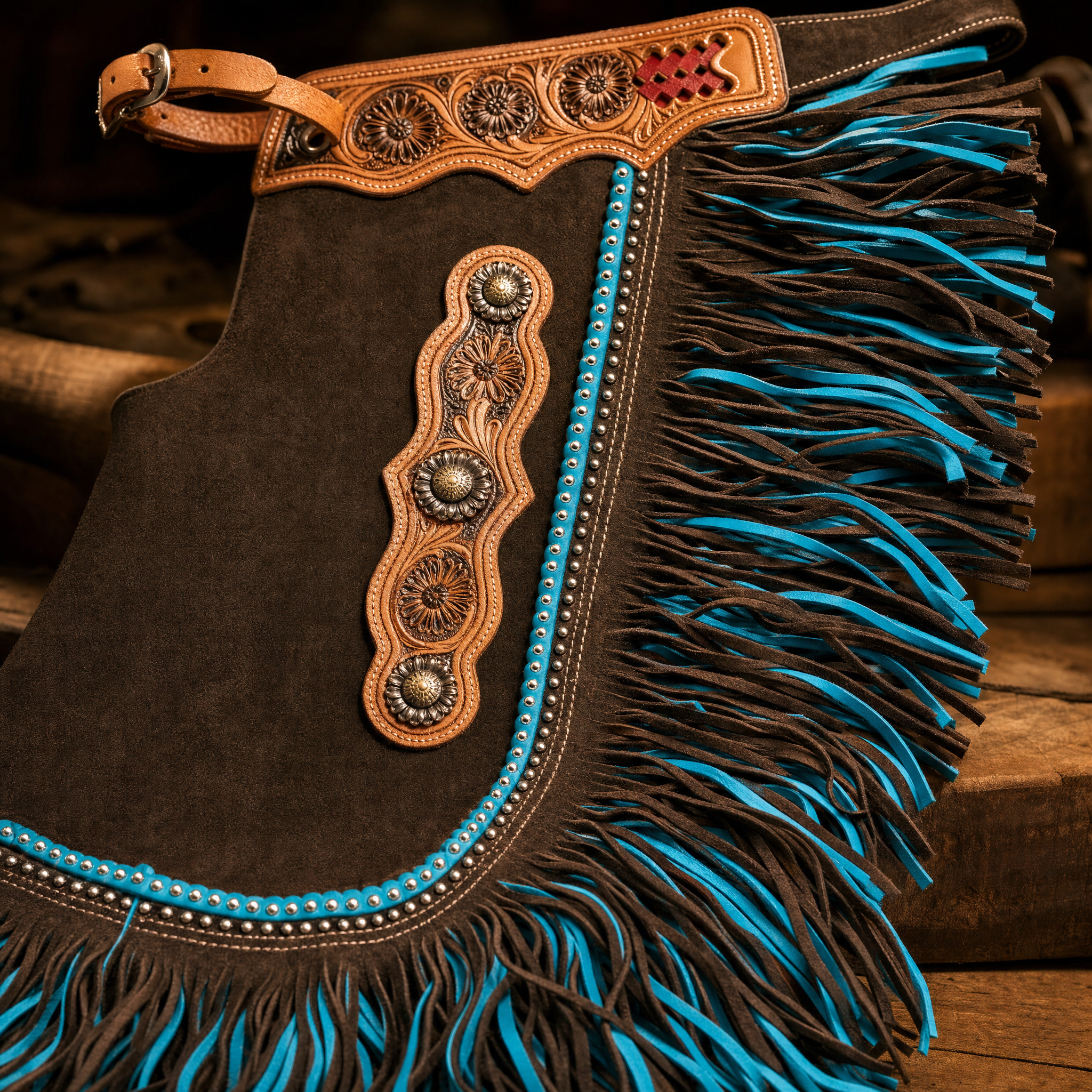 Showman Rodeo Blues Chinks with Mixed Blue Fringe close-up detail showing leather fringe trim and hardware