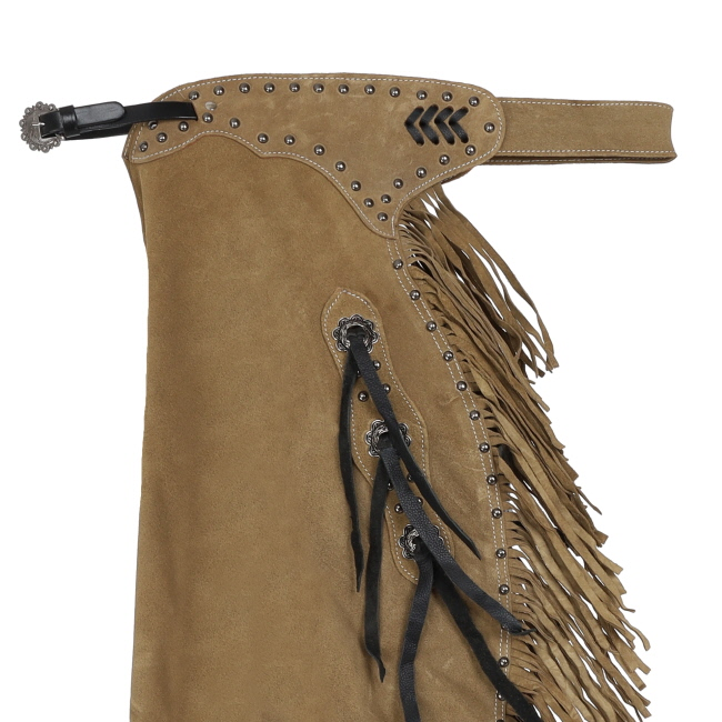 Showman Rustler's Ride Chinks detail view with western leather tooling fringe and hardware