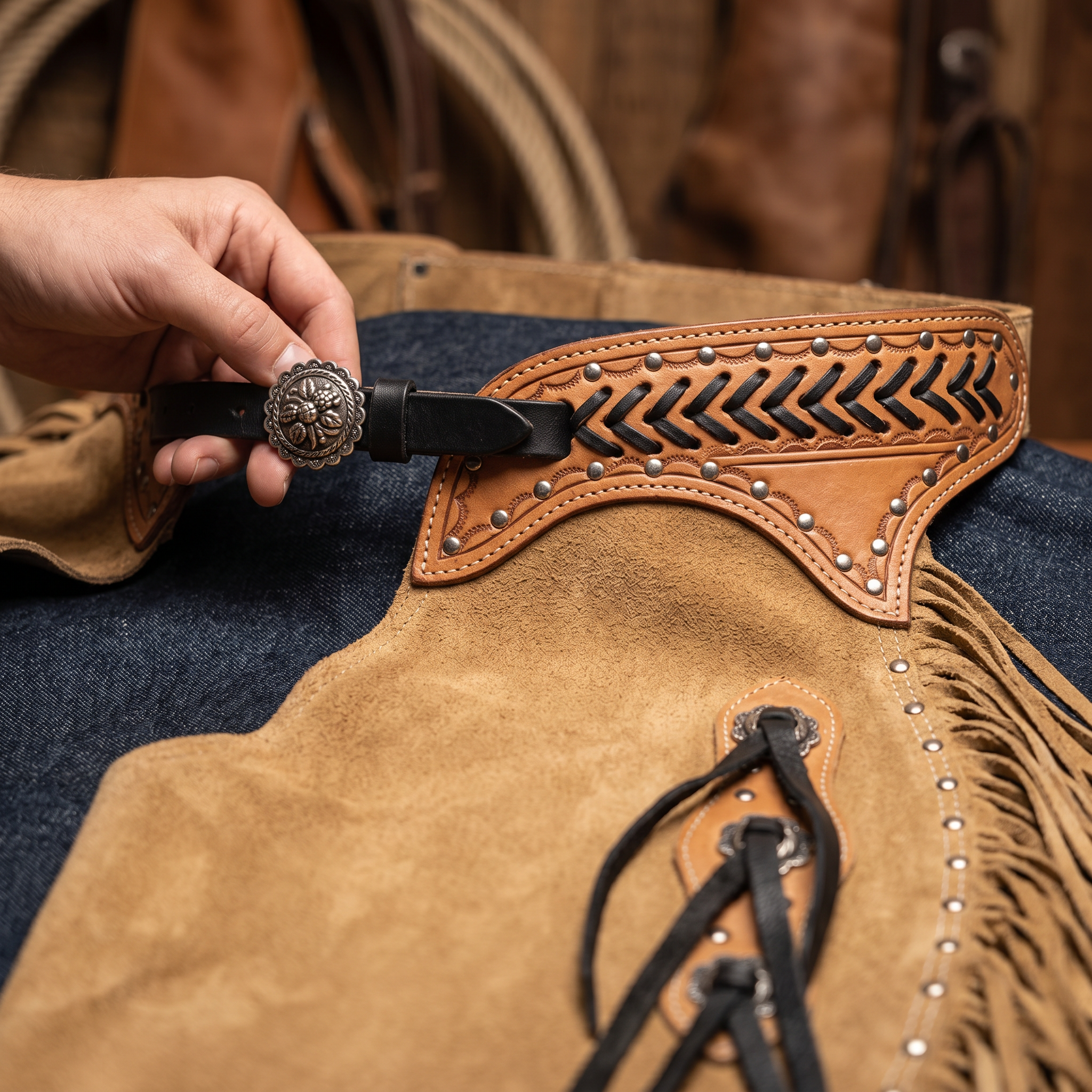 Showman Rustler's Ride Chinks close-up detail photo for western leather chinks product page