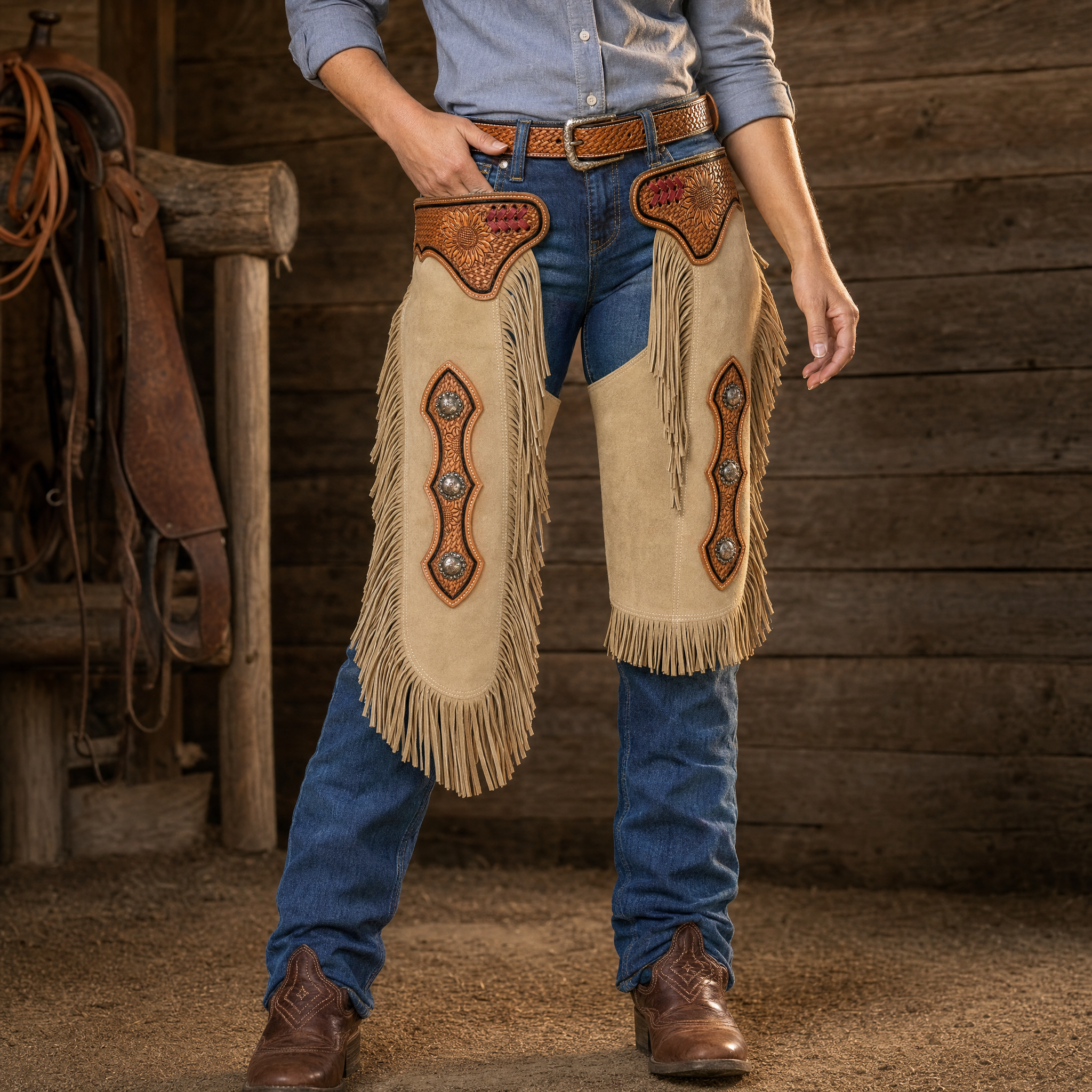 Showman Sand Color Sunflower Tooled Suede Chinks lifestyle image showing western rider wearing leather chinks