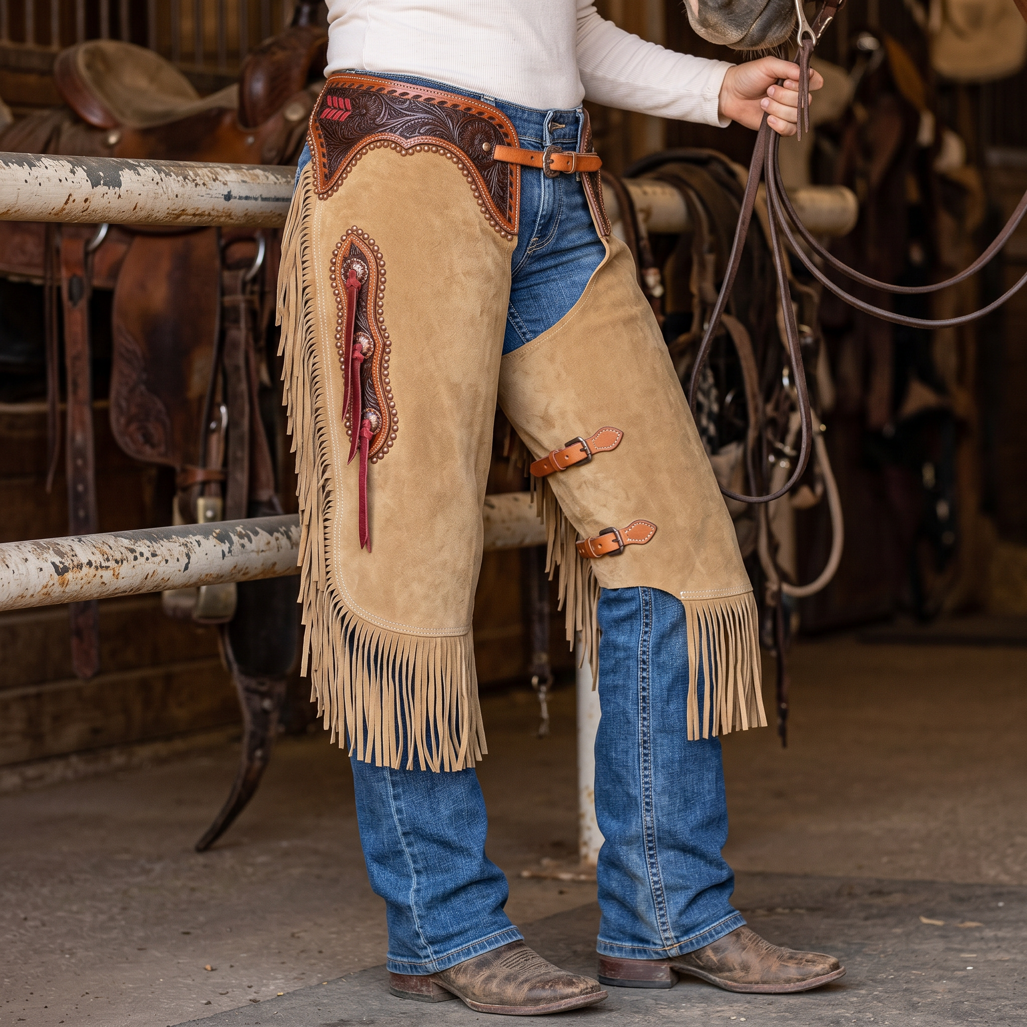 Showman Sandstone Chinks lifestyle worn photo for western leather chinks product page