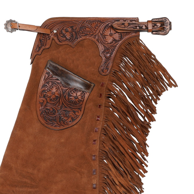 Showman Sorrel Daisy Chinks detail view with western leather tooling fringe and hardware
