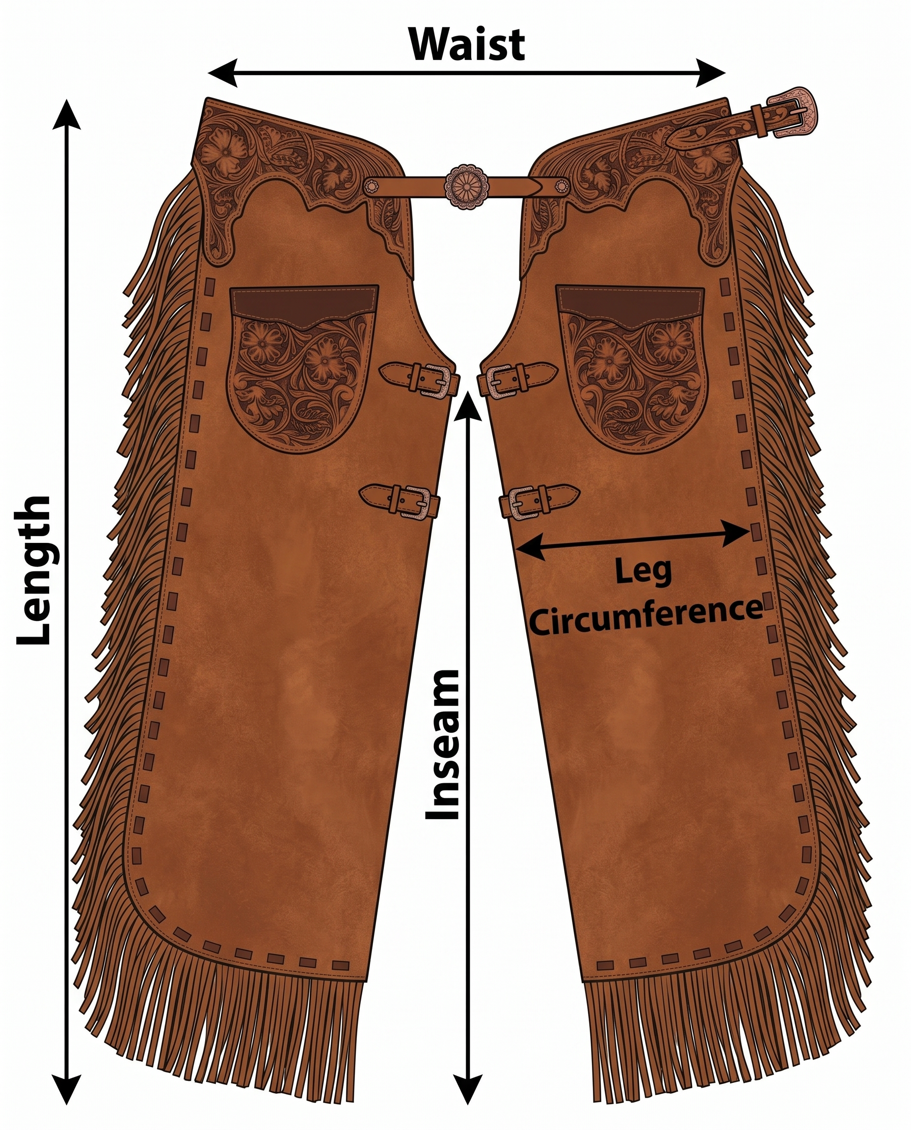 Showman Sorrel Daisy Chinks size guide infographic for western leather chinks product page