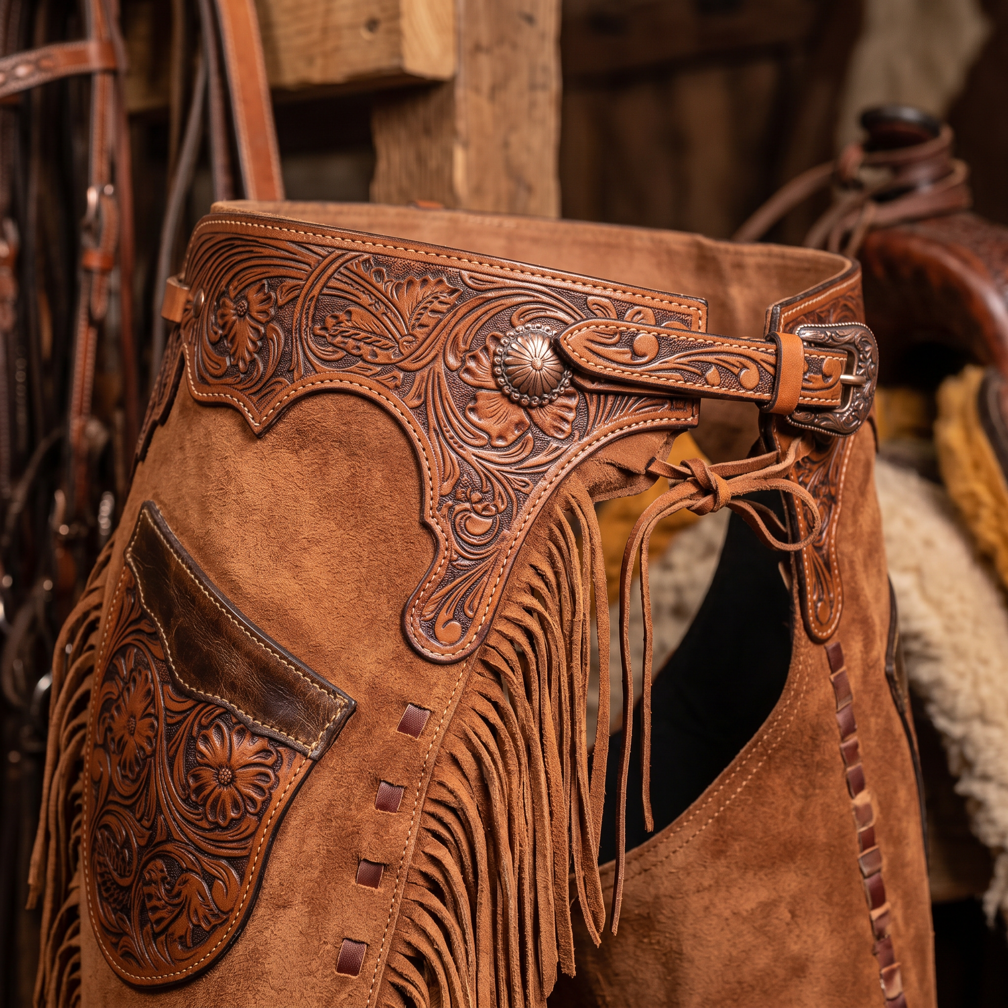 Showman Sorrel Daisy Chinks close-up detail photo for western leather chinks product page