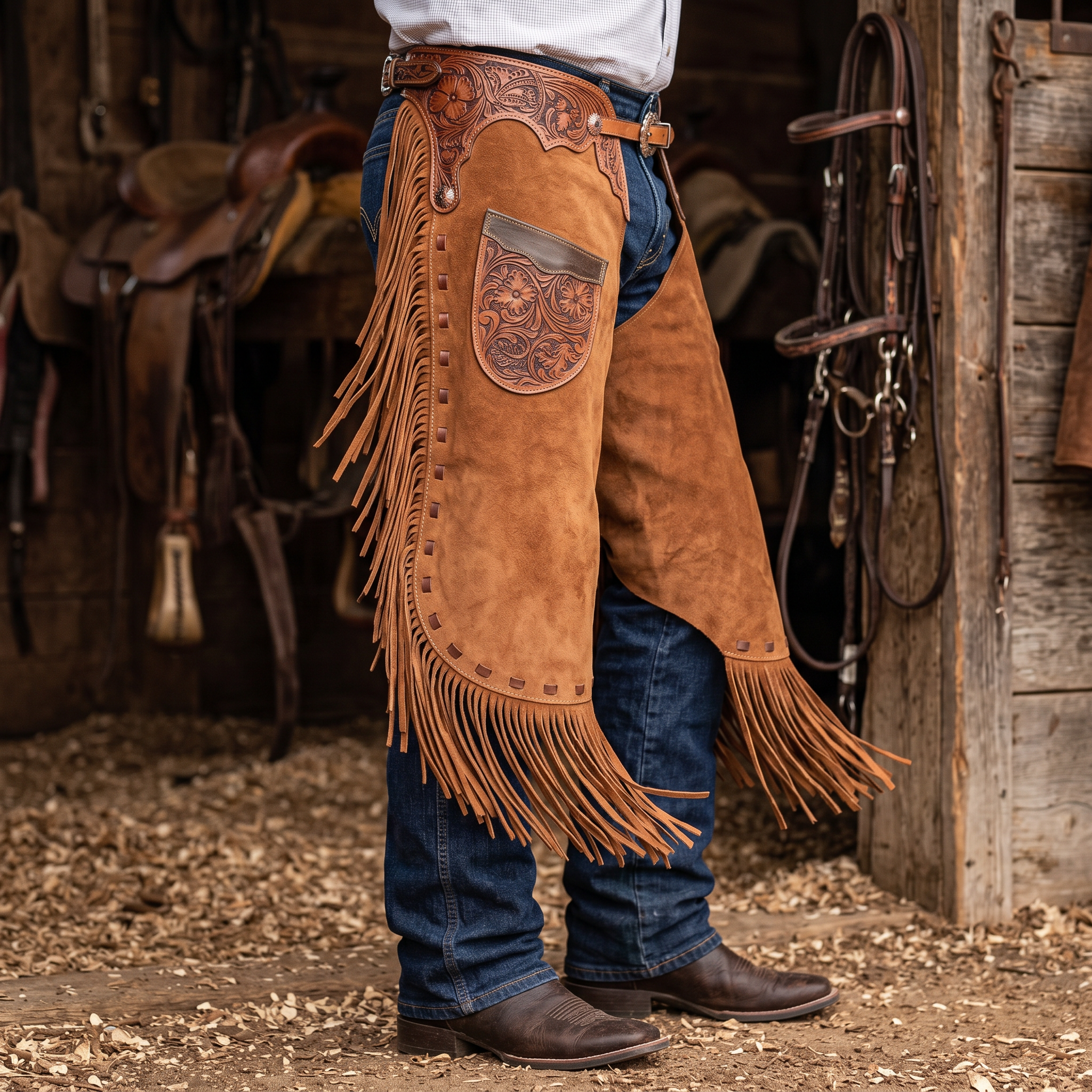 Showman Sorrel Daisy Chinks lifestyle worn photo for western leather chinks product page