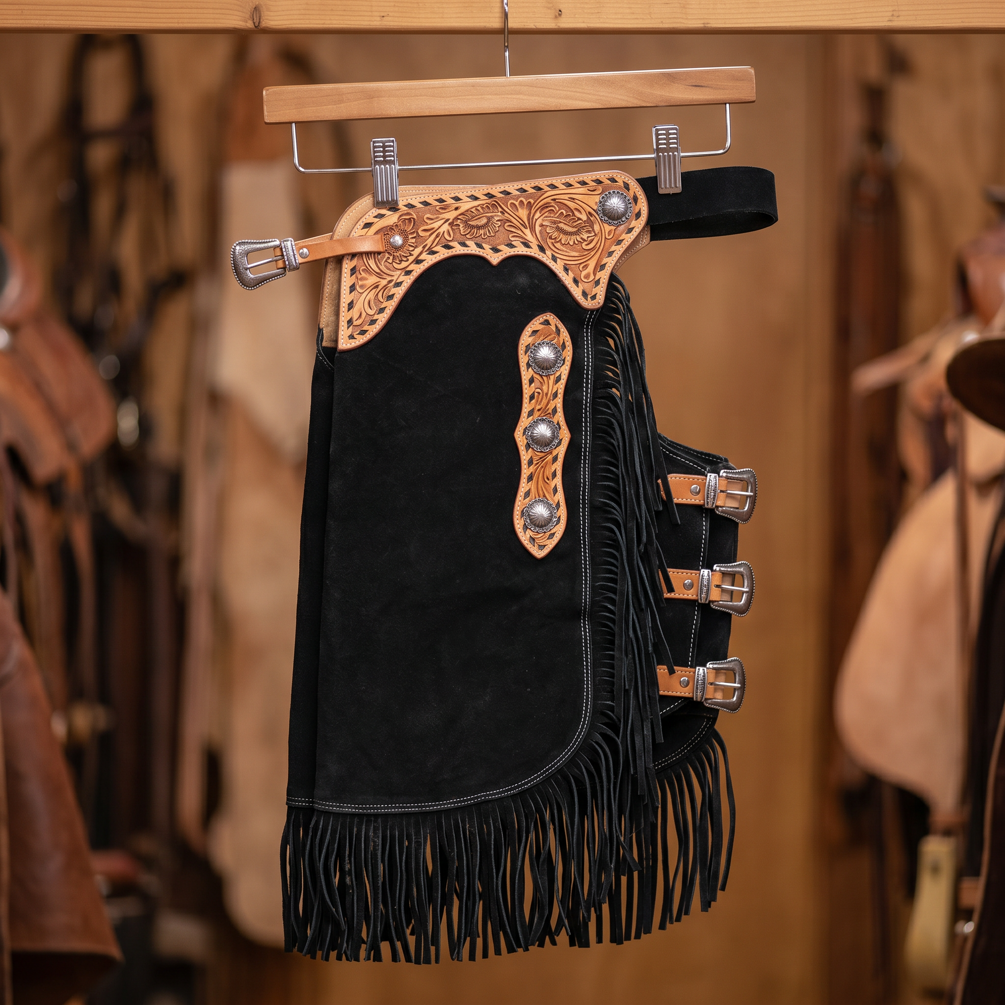 Showman Suede Leather Chinks with Floral Tooling shown hanging on a western tack room rack