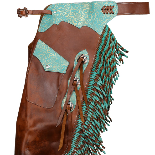 Showman Teal Rose Leather Chinks detail view with western leather tooling fringe and hardware