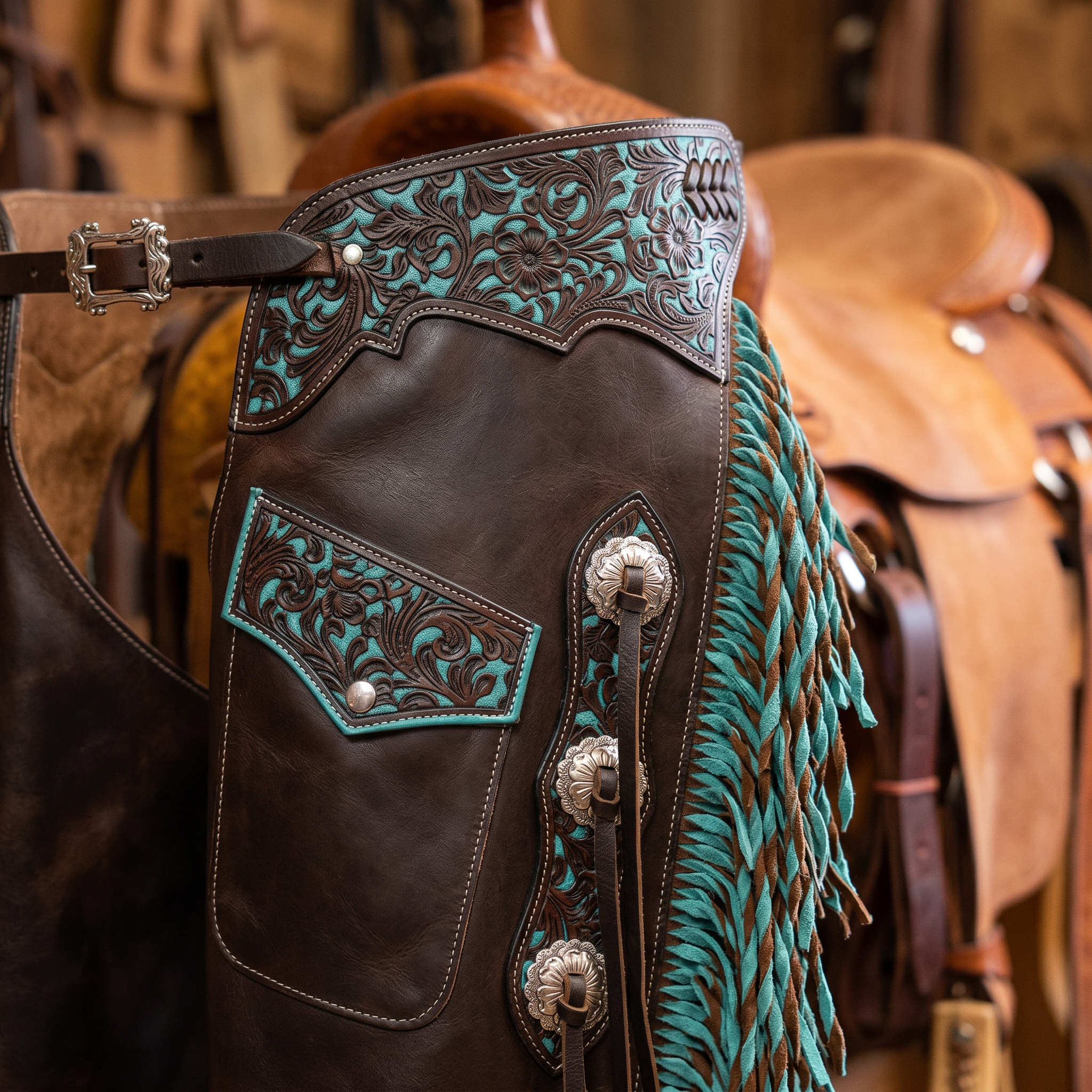 Showman Teal Rose Leather Chinks close-up detail photo for western leather chinks product page