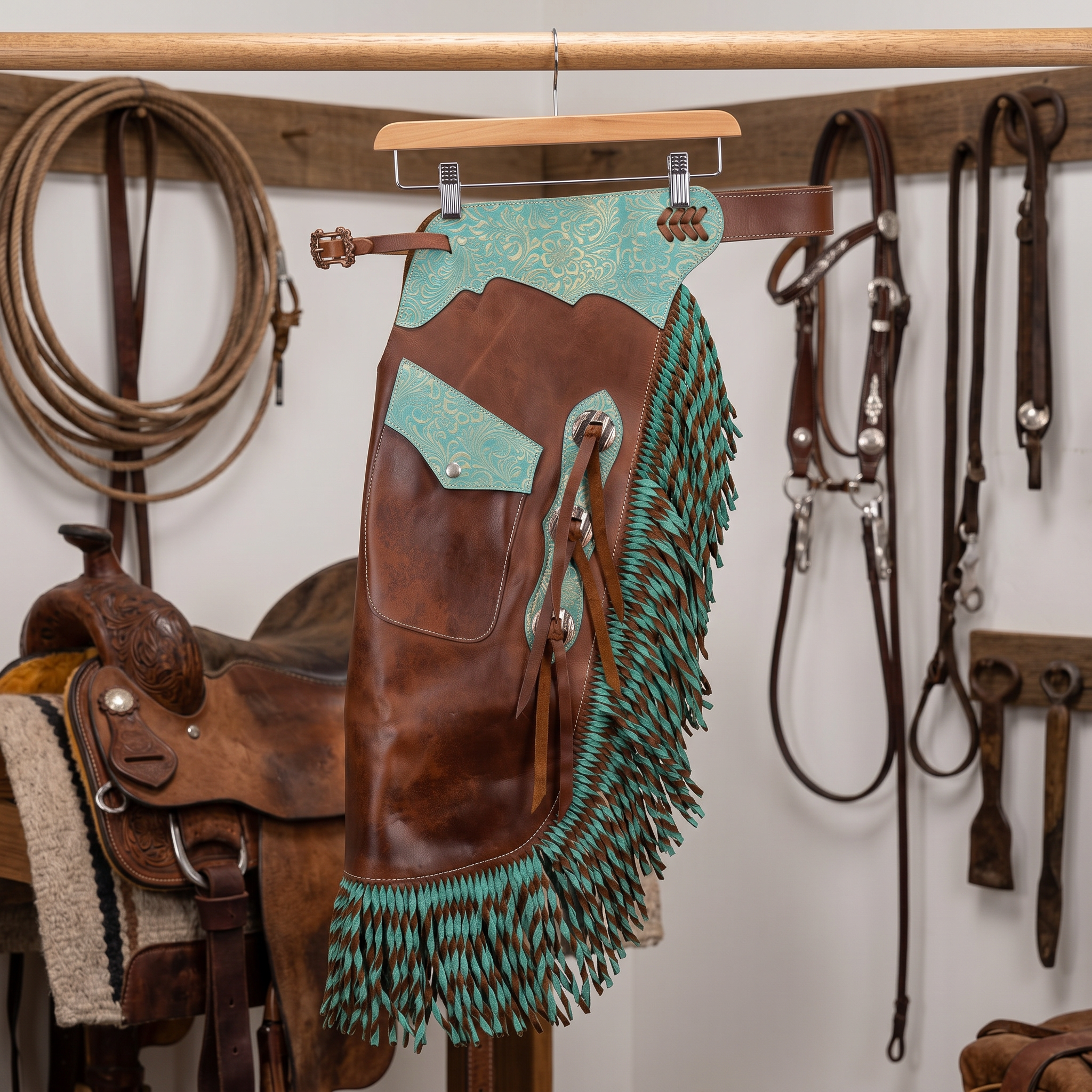Showman Teal Rose Leather Chinks tack-room product photo for western leather chinks product page