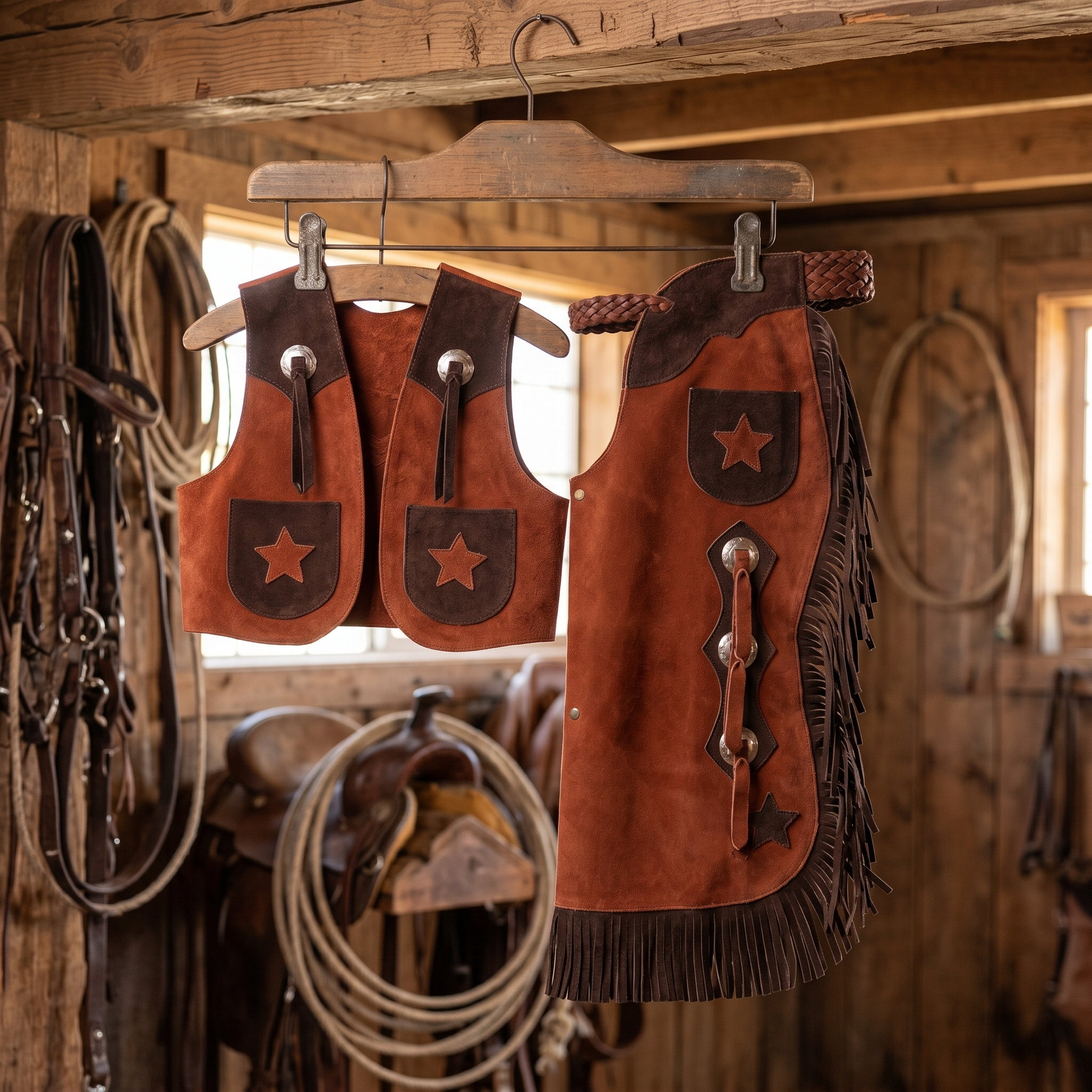 Showman Two-Tone Brown Kids Chap and Vest Set shown hanging on a western tack room rack