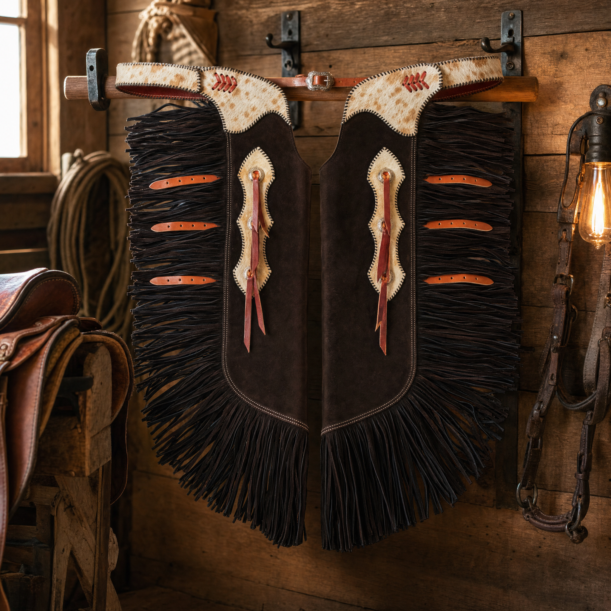 Showman Western Cowboy Chinks with Hair-on Cowhide Accent shown hanging on a western tack room rack