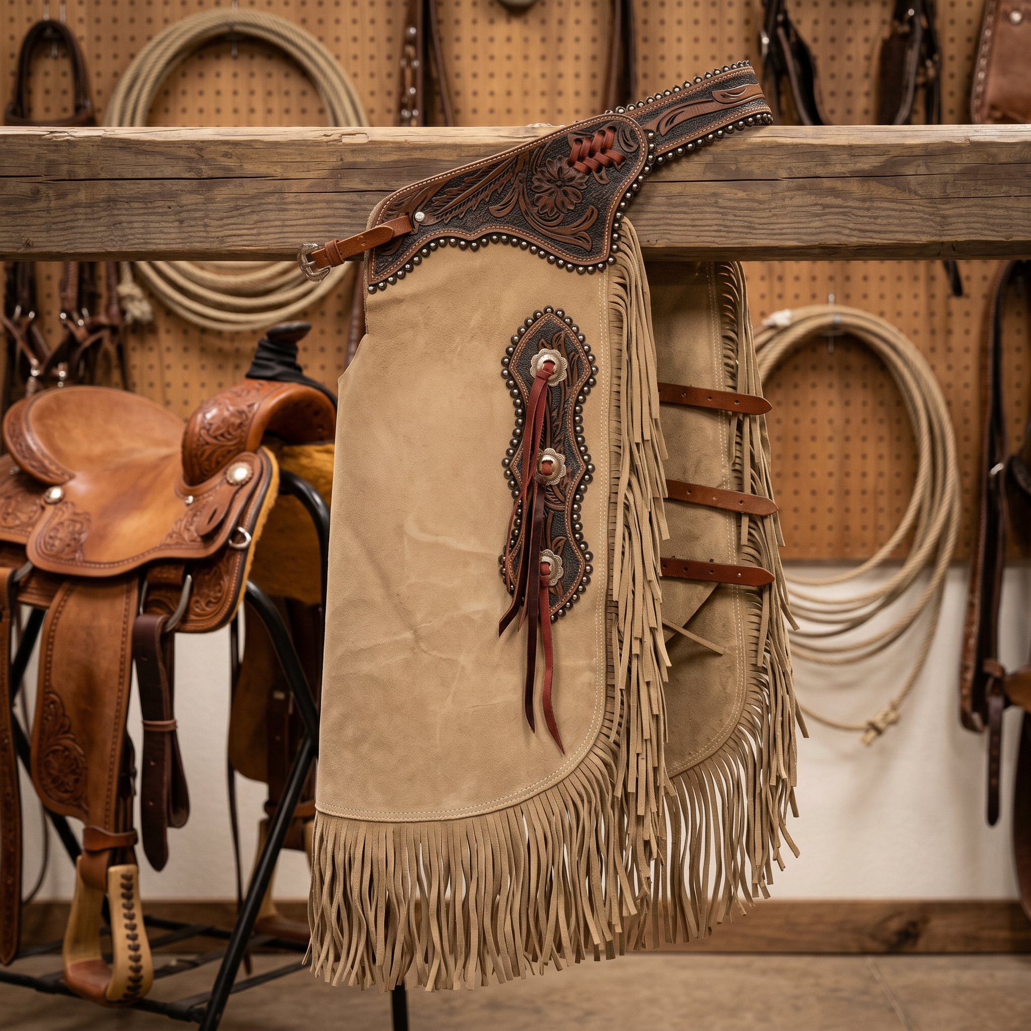 Showman Wildflower Brown Chinks tack-room product photo for western leather chinks product page
