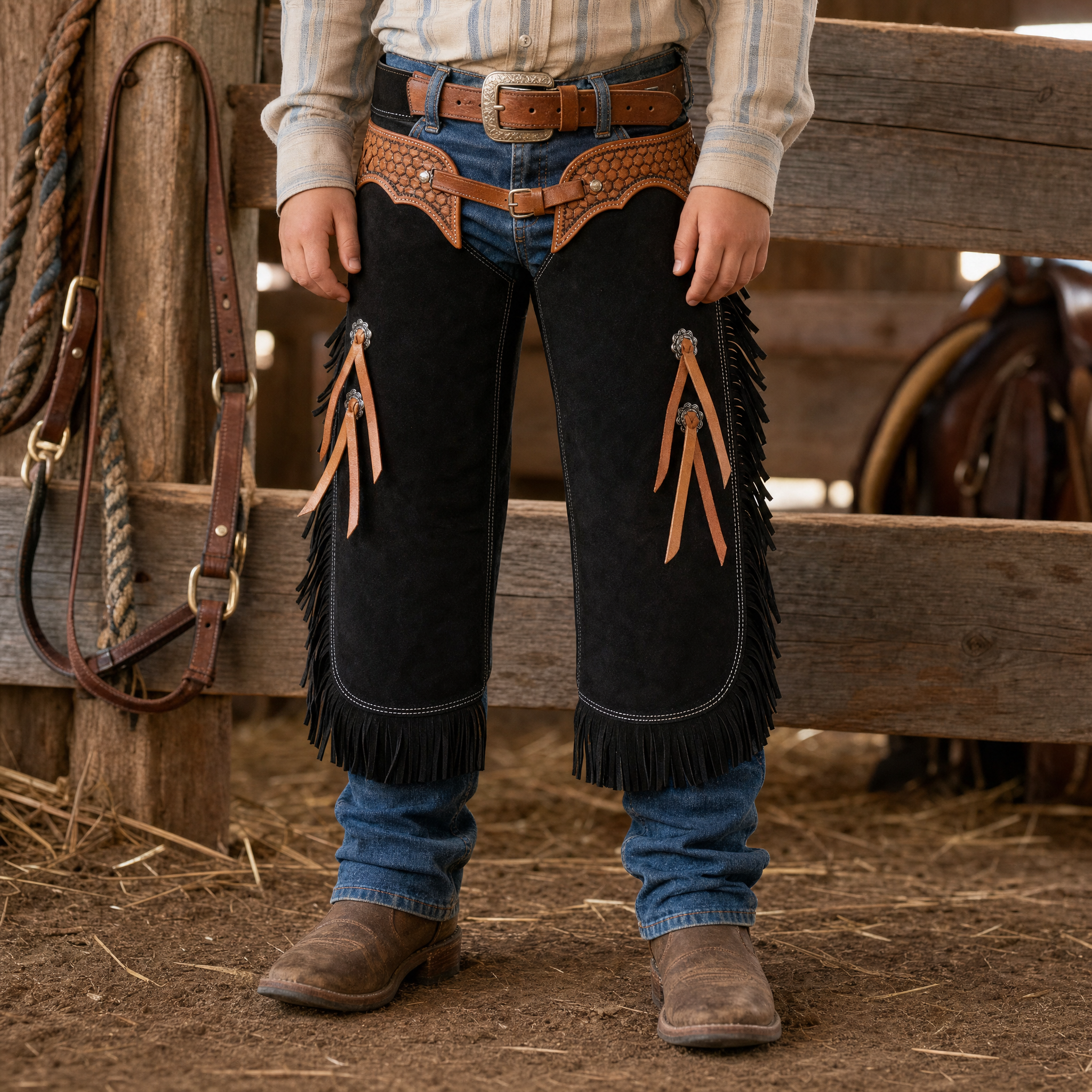 Showman Youth Gunpowder Chinks lifestyle image showing youth western rider wearing the product