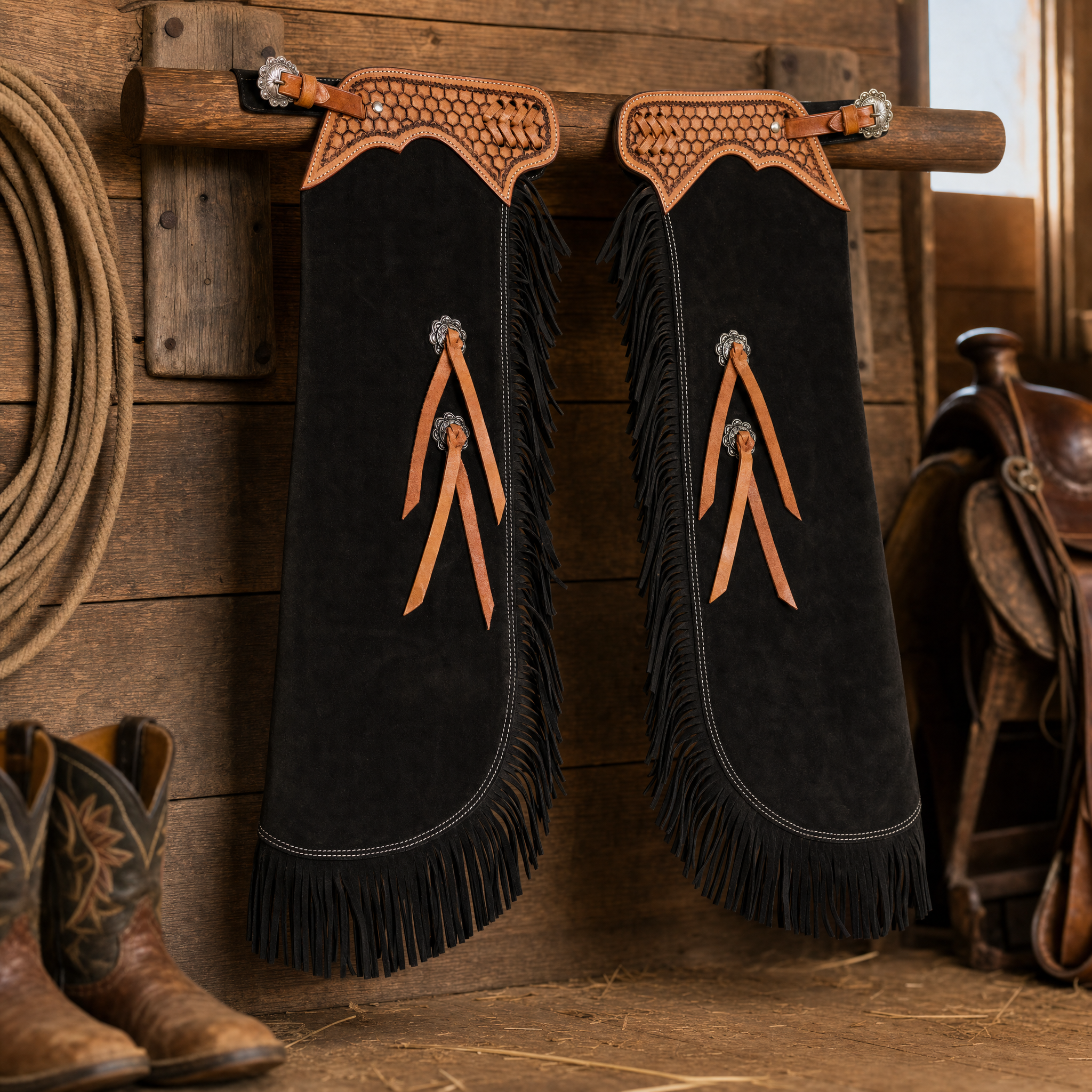Showman Youth Gunpowder Chinks shown hanging on a western tack room rack