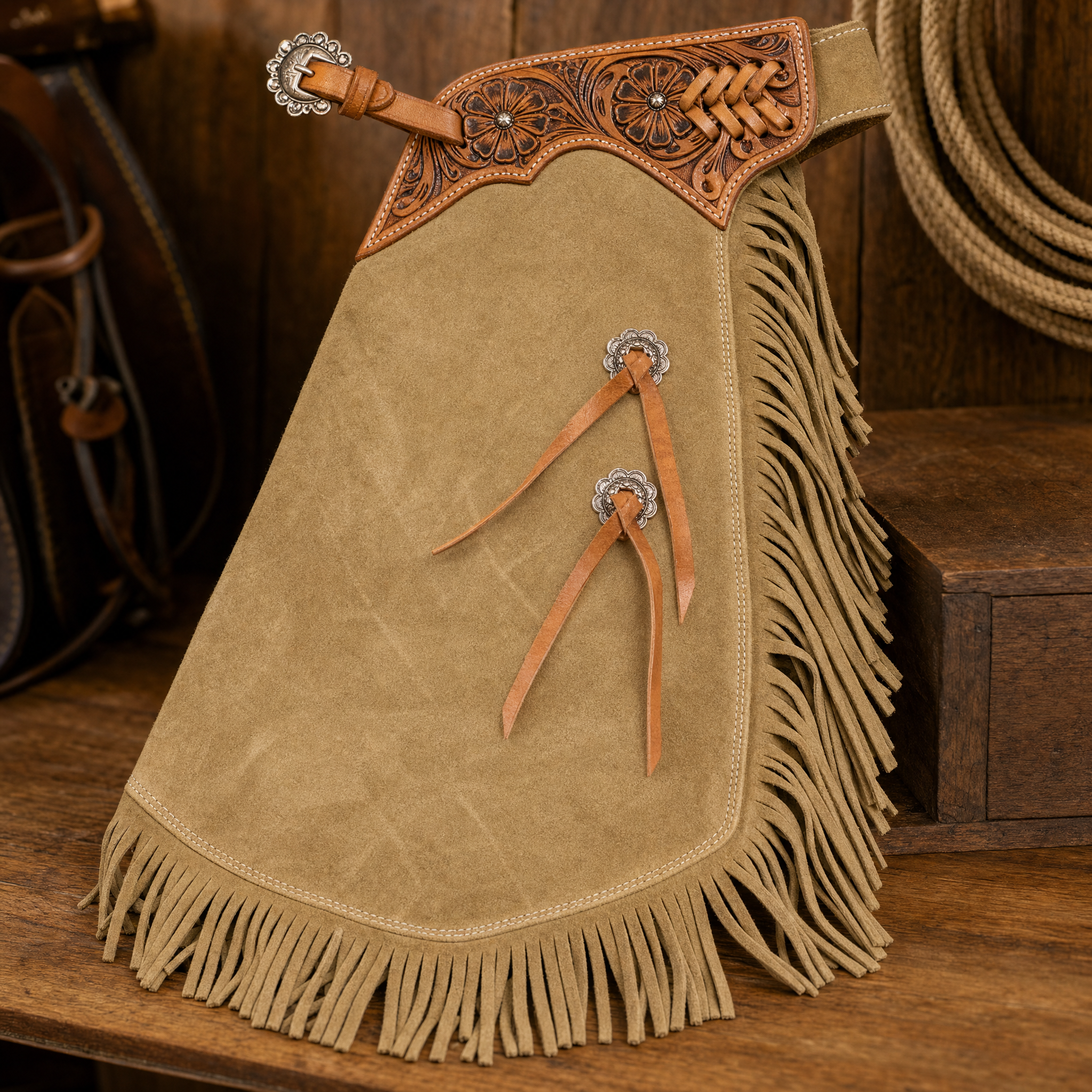 Showman Youth Old Timber Chinks close-up detail showing leather fringe trim and hardware
