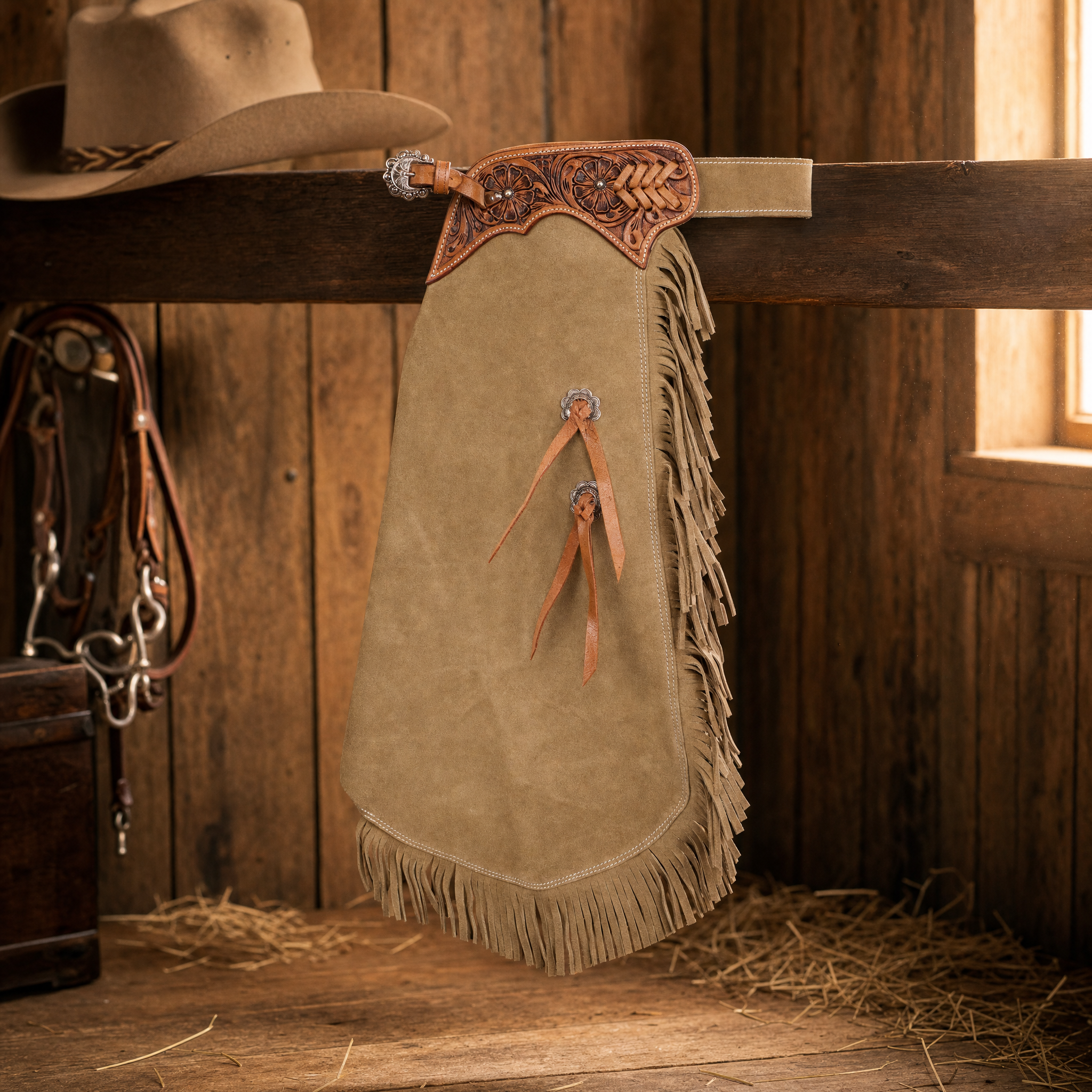 Showman Youth Old Timber Chinks shown hanging on a western tack room rack