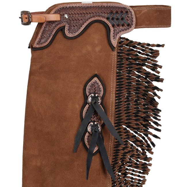 Showman Youth Outback Mocha Chinks detail view with western leather tooling fringe and hardware