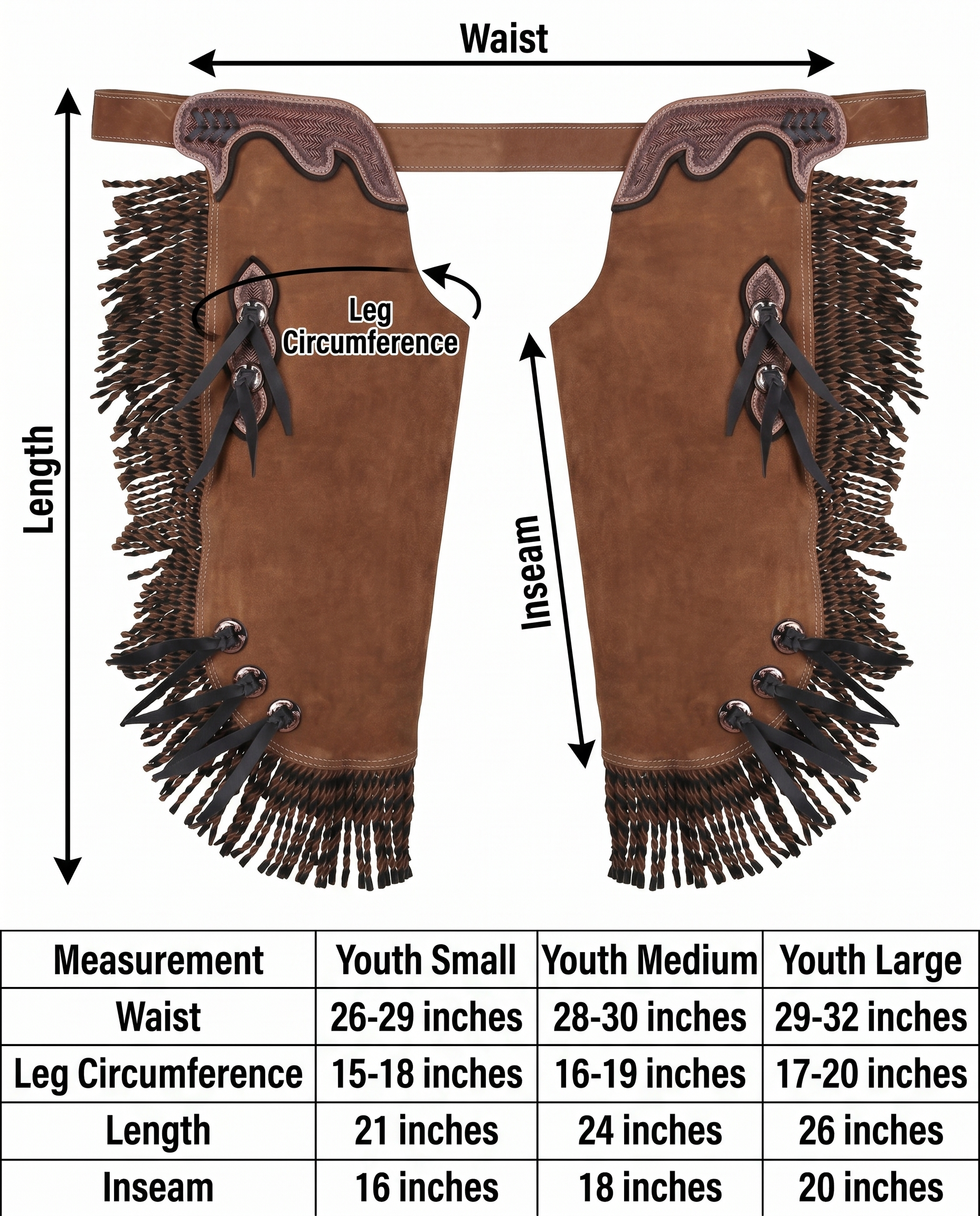 Showman Youth Outback Mocha Chinks size guide with waist leg circumference length and inseam measurements
