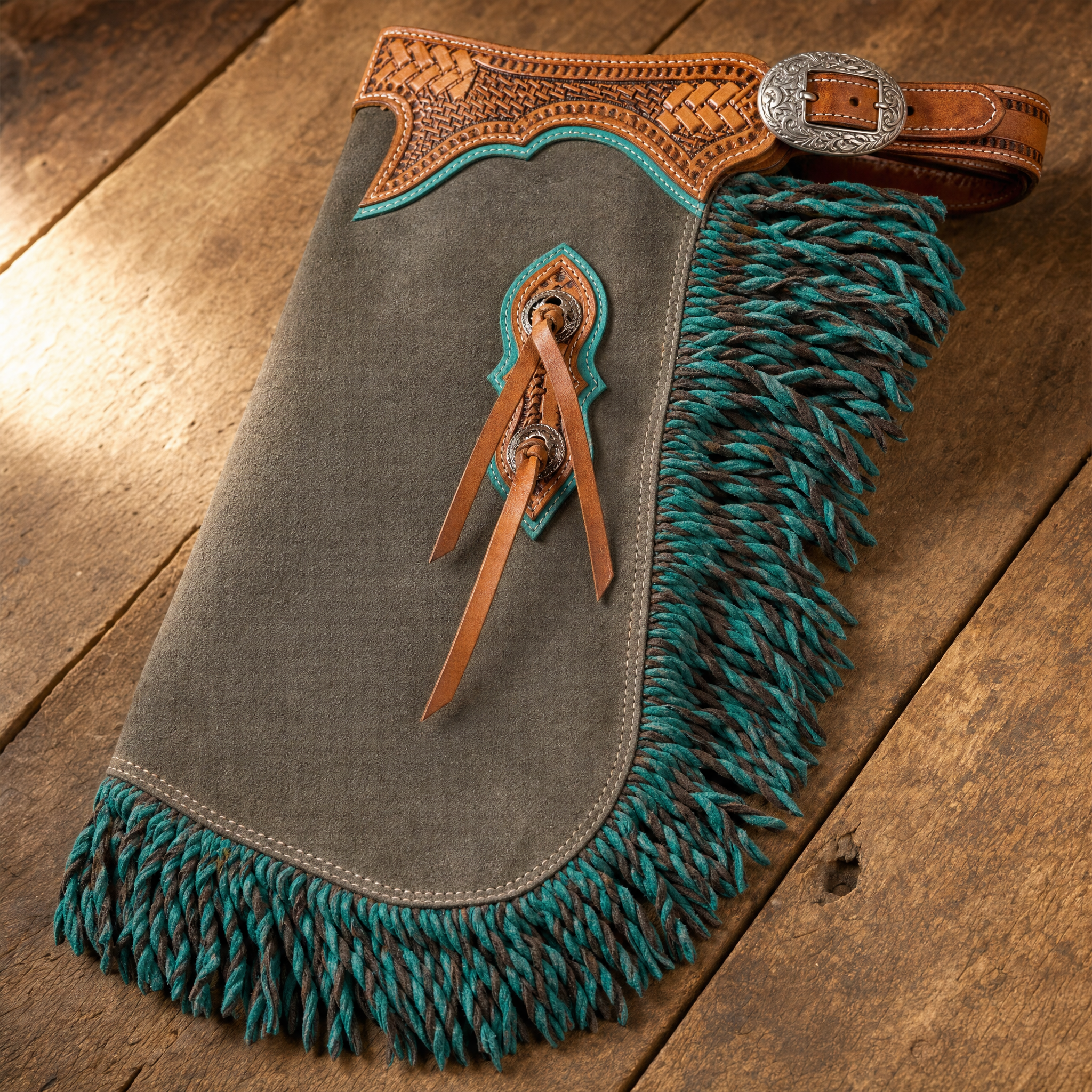 Showman Youth Slate River Chinks close-up detail showing leather fringe trim and hardware