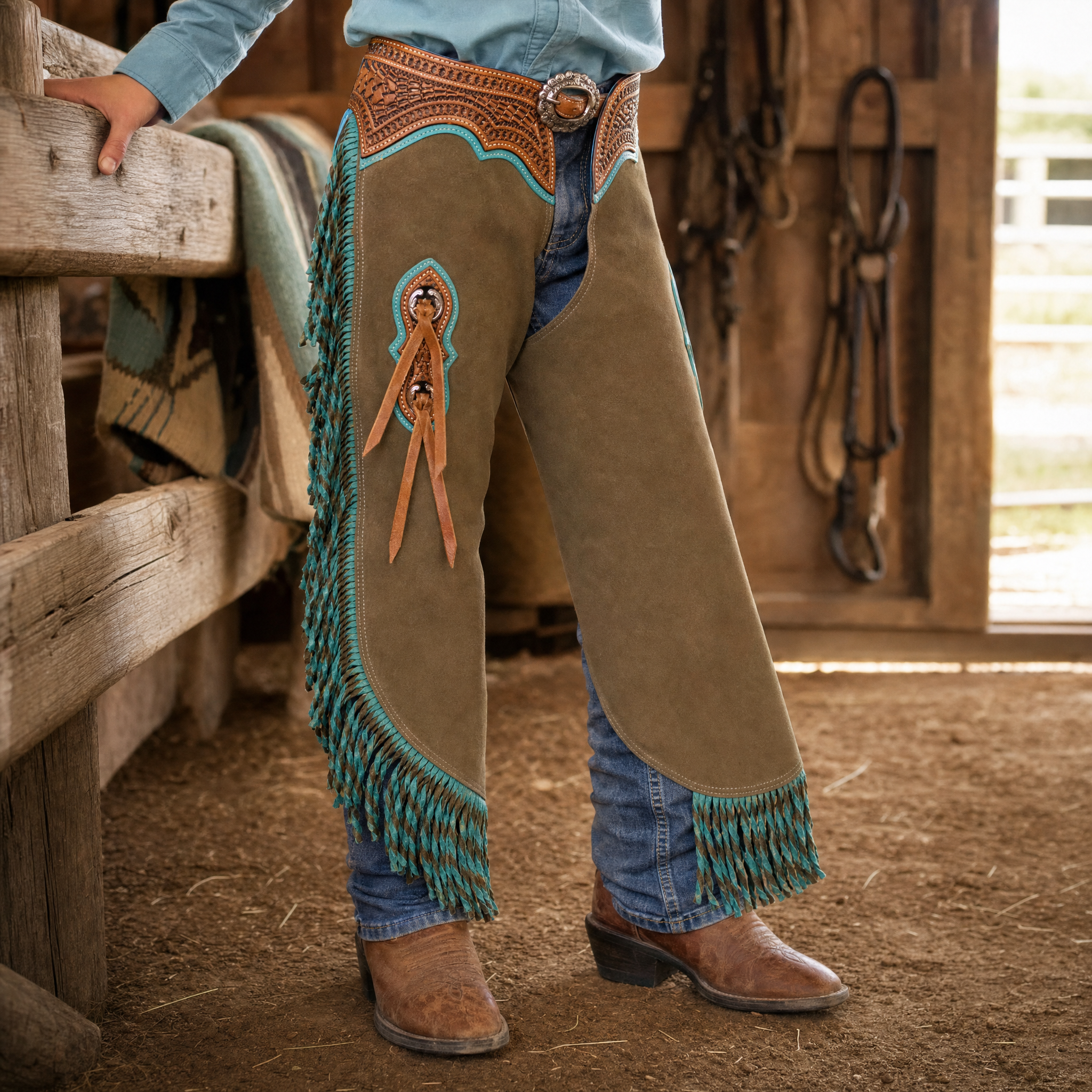 Showman Youth Slate River Chinks lifestyle image showing youth western rider wearing the product