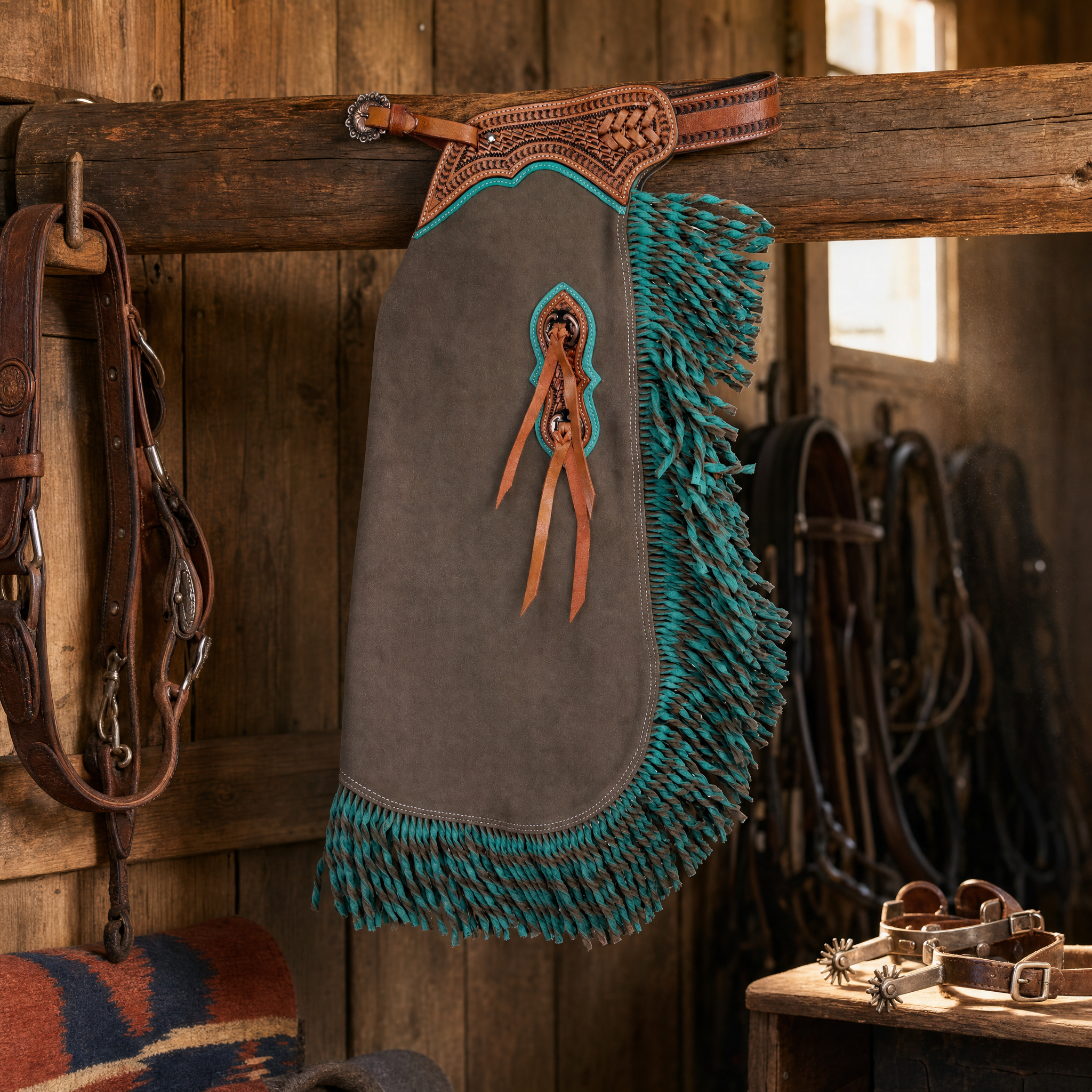 Showman Youth Slate River Chinks shown hanging on a western tack room rack