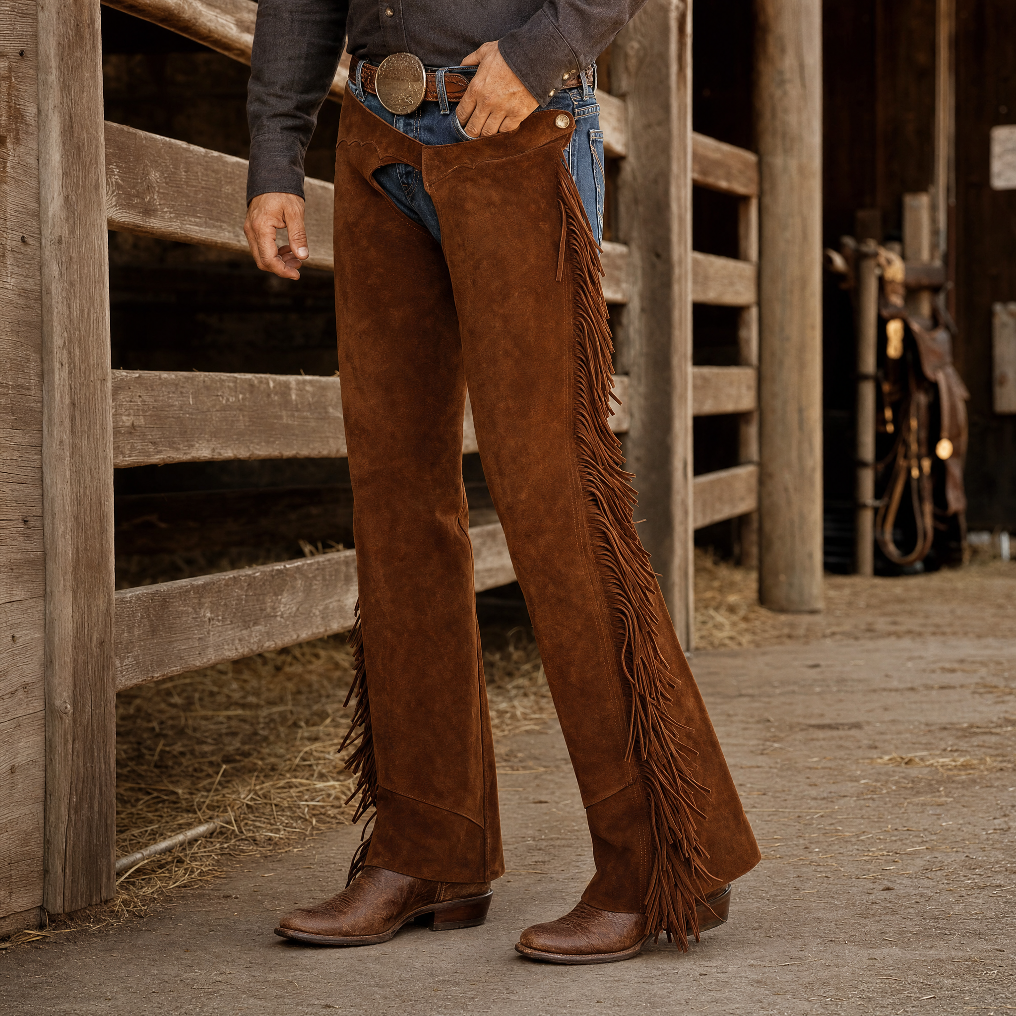 Suede Leather Chaps with Fringe lifestyle image showing western rider wearing full leather chaps