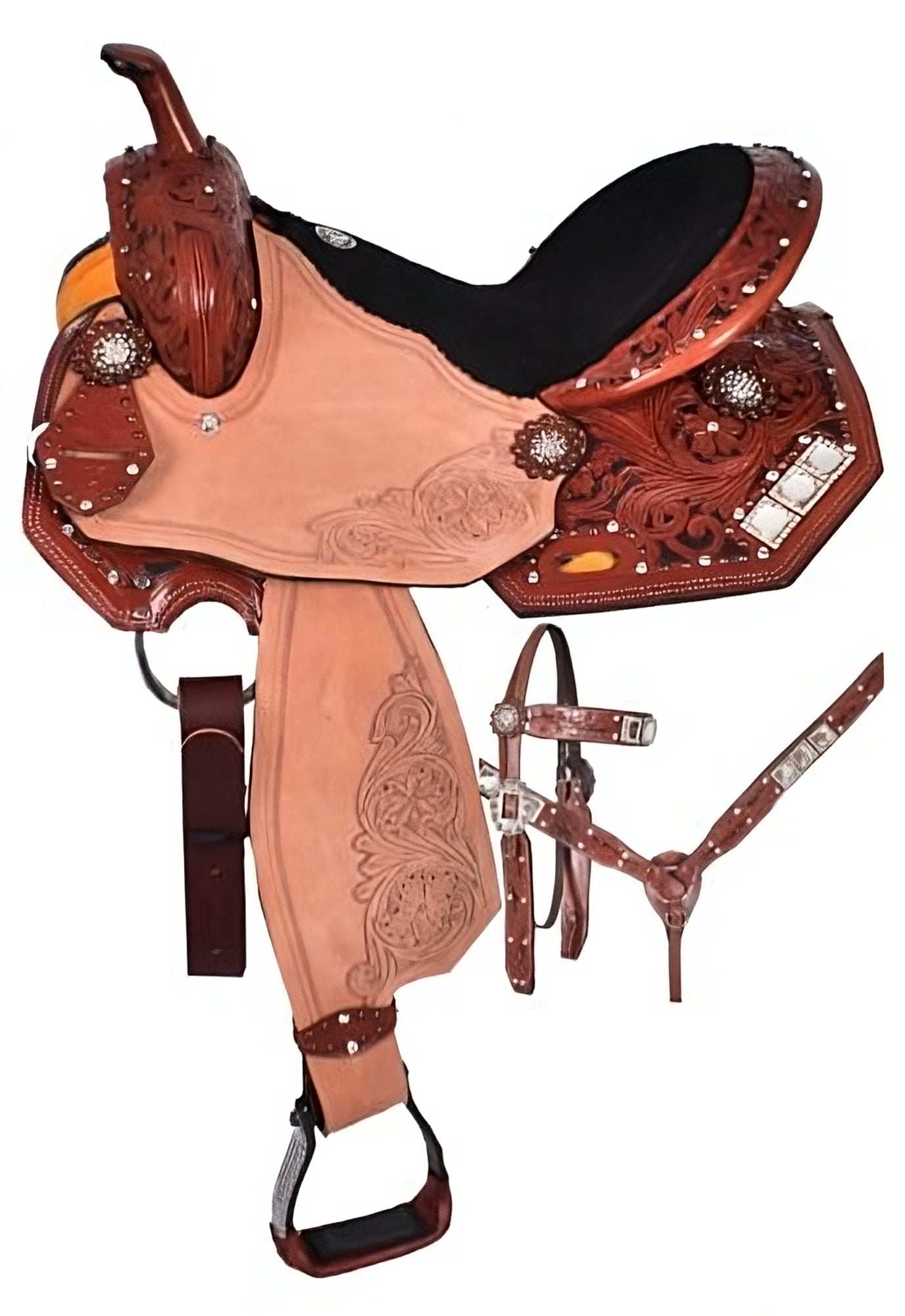 013: 14", 15" Double T Barrel Saddle Set with floral tooling Barrel Saddle Double T   