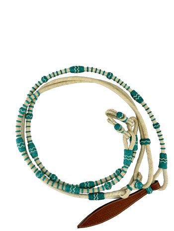 033: Showman ® Braided Natural Rawhide & Teal Romal Reins with Leather Popper Reins Showman   