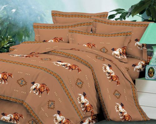 0467-1832: 4 piece Queen Size Tan Running Horse Luxury Comforter Set Primary Showman Saddles and Tack   
