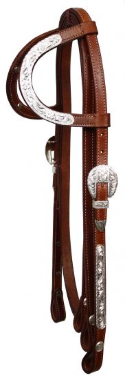 084X: Showman ® Leather silver double ear headstall with 7' split reins Headstall Showman   