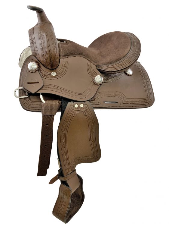 10", 12"  Youth Western style pony saddle with barbed wire tooled accents Youth Saddle Showman Saddles and Tack   