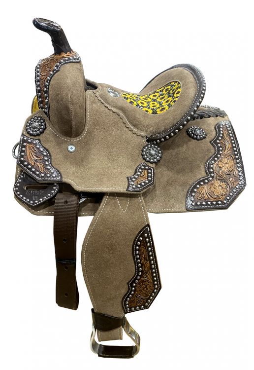 10"  DOUBLE T   Rough Out Barrel style saddle with Sunflower and Cheetah print Inlay Barrel Saddle Double T   