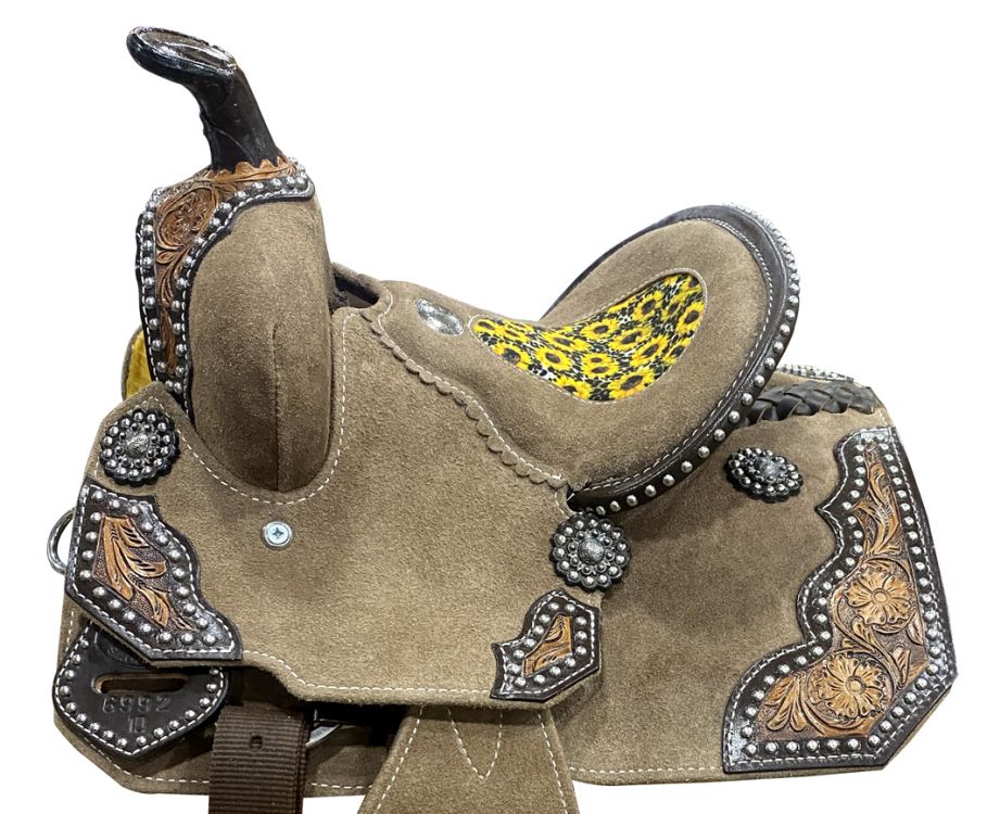 10"  DOUBLE T   Rough Out Barrel style saddle with Sunflower and Cheetah print Inlay Barrel Saddle Double T   