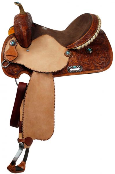 1069: 14", 15", 16" Double T barrel saddle with silver laced tan rawhide cantle, dot border on rou Barrel Saddle Double T   