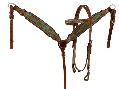 112: Showman ® Gator print Browband Headstall & Breast collar set with micro flower beading and co Headstall & Breast Collar Set Showman   
