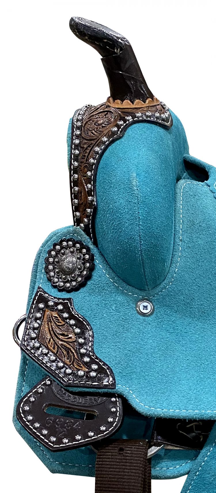 12" DOUBLE T   Teal Rough Out Barrel style saddle with Southwest Printed Inlay Barrel Saddle Shiloh   