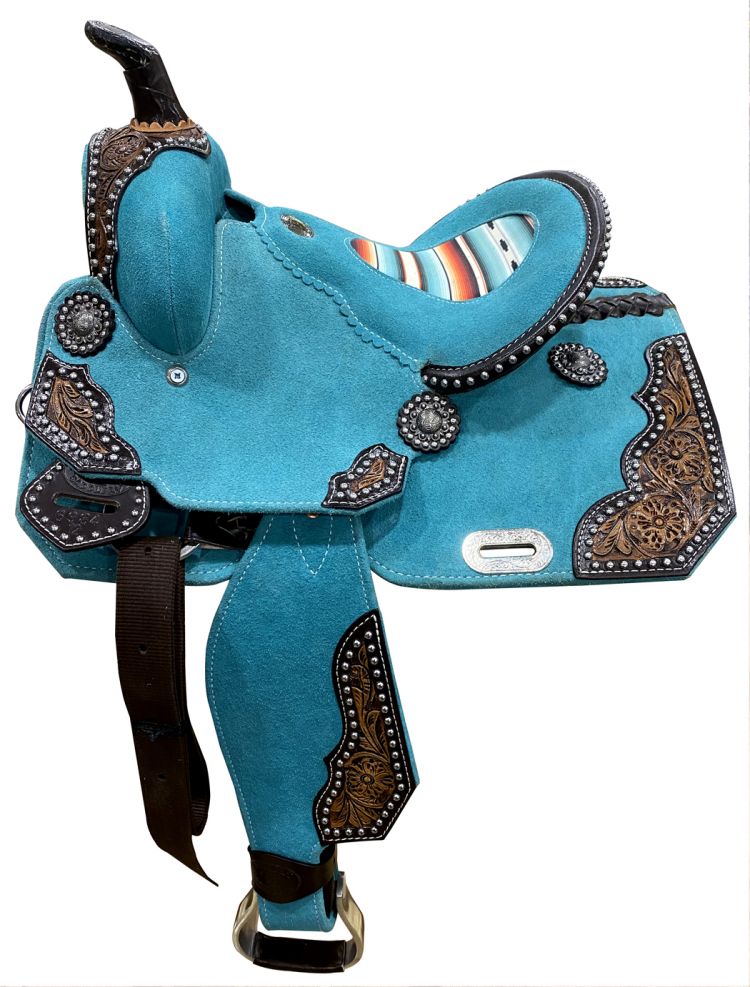 12" DOUBLE T   Teal Rough Out Barrel style saddle with Southwest Printed Inlay Barrel Saddle Shiloh   