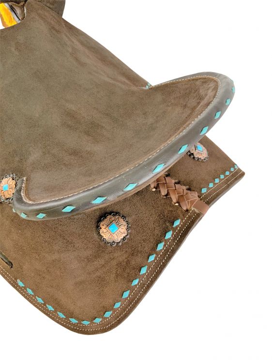 12"  Double T   Barrel style saddle with Oiled Rough out leather, Teal buckstitch accents and flower conchos Barrel Saddle Shiloh   