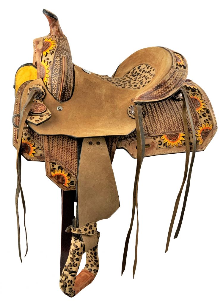 12"  Double T   Youth Hard Seat Barrel style saddle with Cheetah Seat and sunflower painted accents Barrel Saddle Double T   
