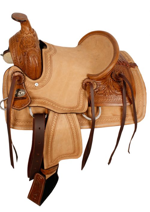 12" Double T hard seat roper style saddle with acorn tooling Roping Saddle Double T   