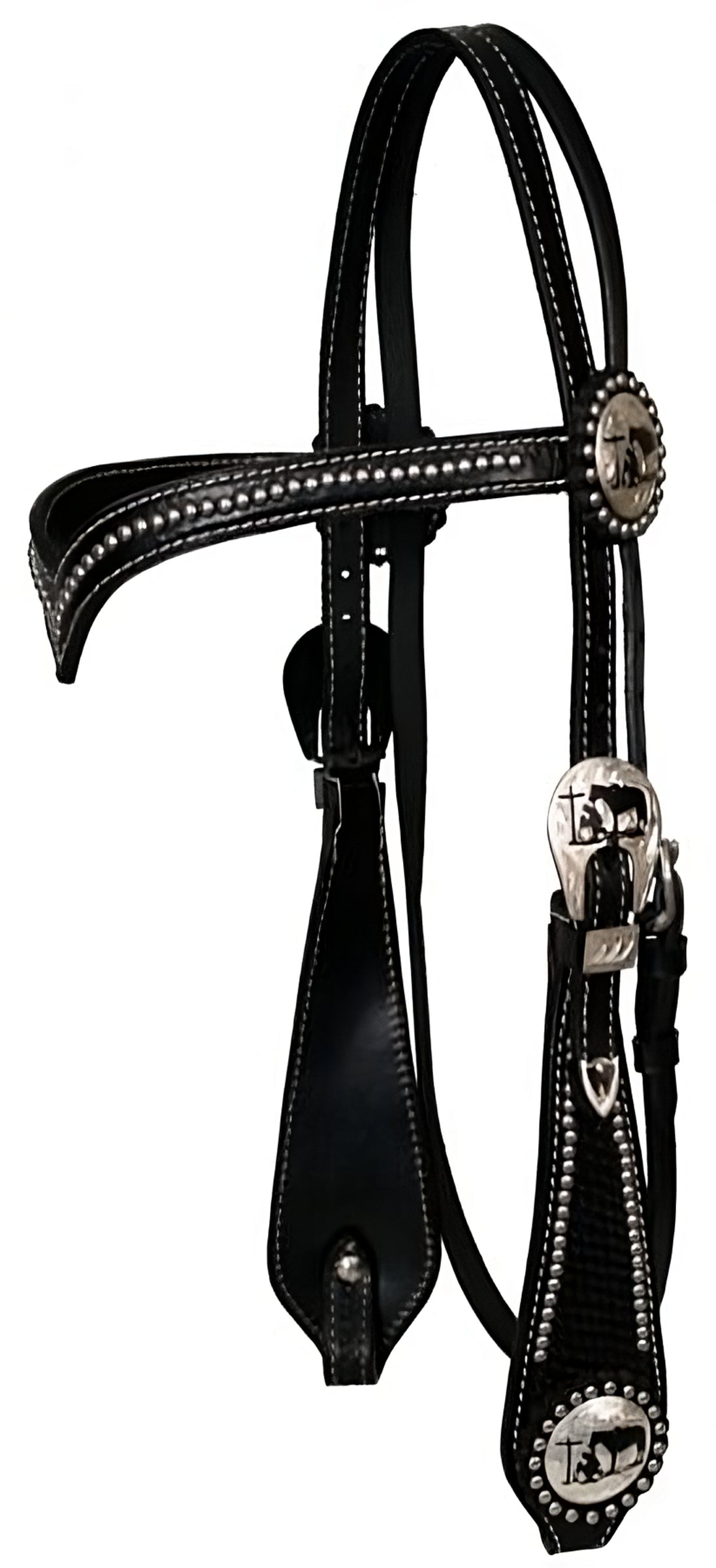12644: Showman ® double stitched leather silver beaded v brow headstall Headstall Showman