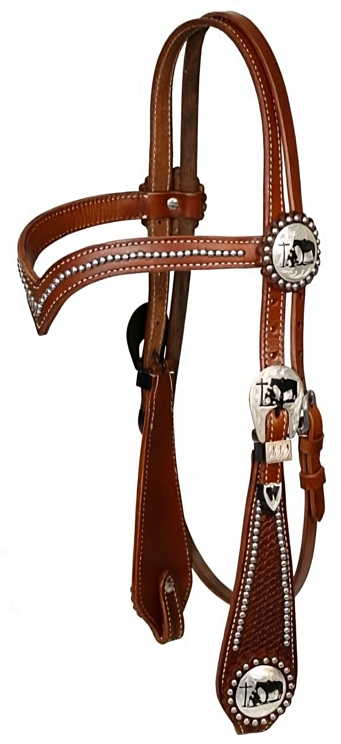 12644: Showman ® double stitched leather silver beaded v brow headstall Headstall Showman