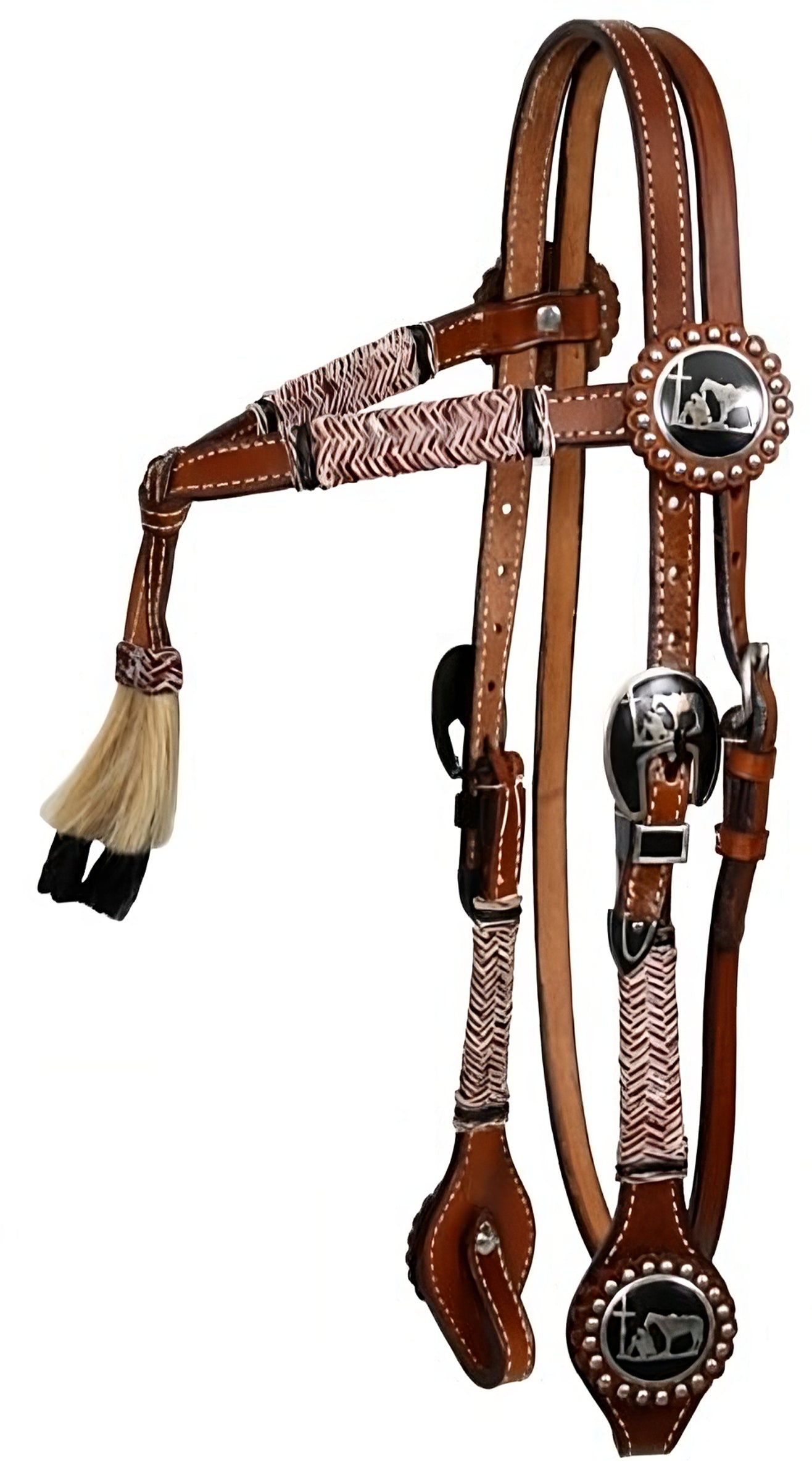 12645: Showman ® double stitched leather furturity knot rawhide braided headstall with horse hair Headstall Showman