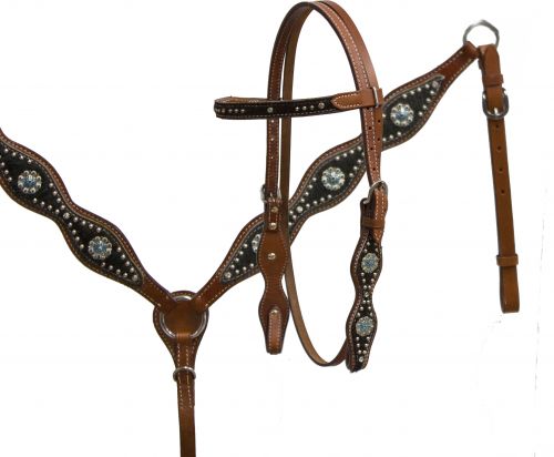 12683: Showman ® double stitched leather headstall and breast collar set with hair on cowhide Headstall & Breast Collar Set Showman   