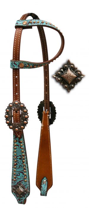 12748: Showman ® One Ear Headstall with Teal and Brown Filigree Print Headstall Showman   